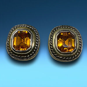 Vtg 1980's Gold Emerald Cut Austrian Crystal Gold Tone Earrings Pierced Couture